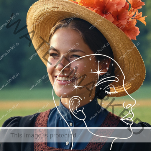 Happy Amish female in a beautiful bonnet with orange flowers.