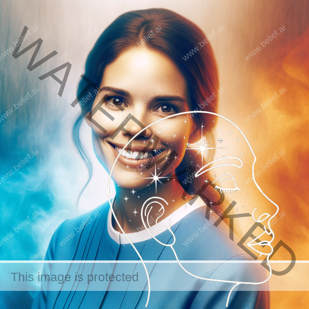 Realistic photograph of a smiling Seventh Day Adventist woman, raw, taken by a 35 milimeter camera, detailed. with a smokey bright orange and blue background