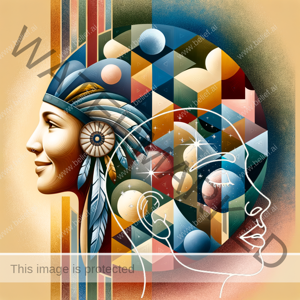 An abstract image that represents a smiling Native American Indian woman reflecting