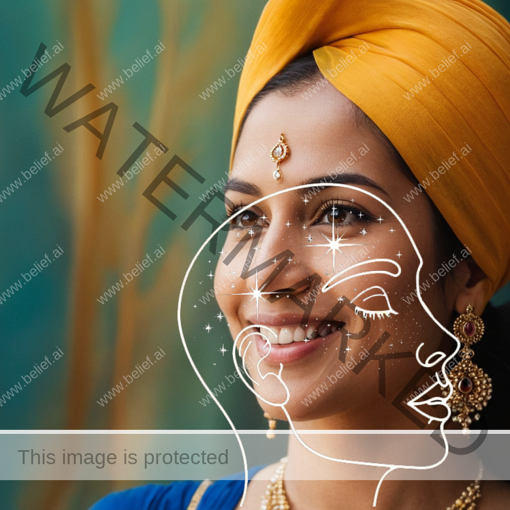 A young Sikh woman smiles as she looks into the distance